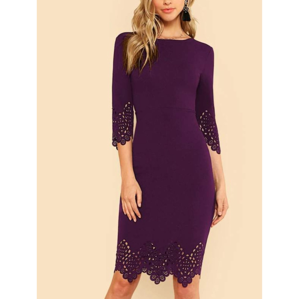 SHEIN Purple Laser-Cut Dress Boat Neck 3/4 Sleeve Stretchy Size L